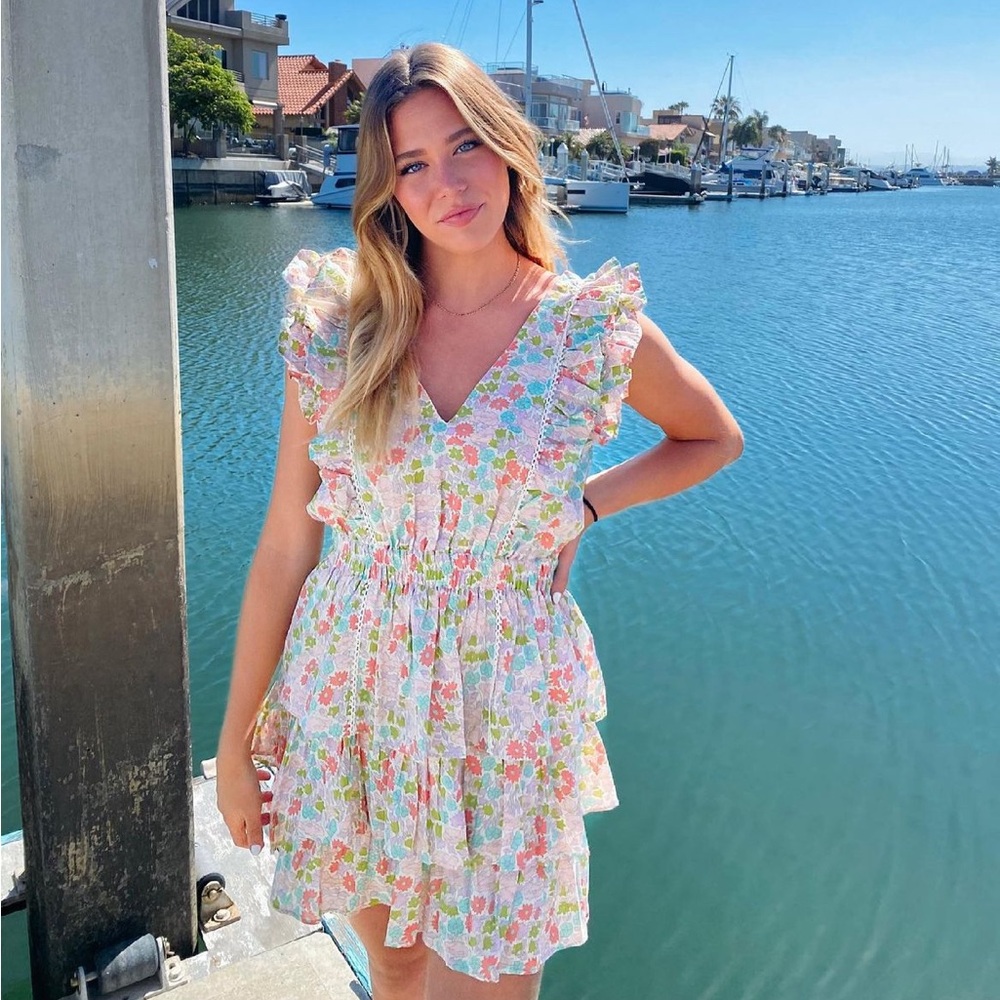 LOVE THE LABEL Pink Green Ines Floral Printed Tiered Ruffle Flutter Mini Dress